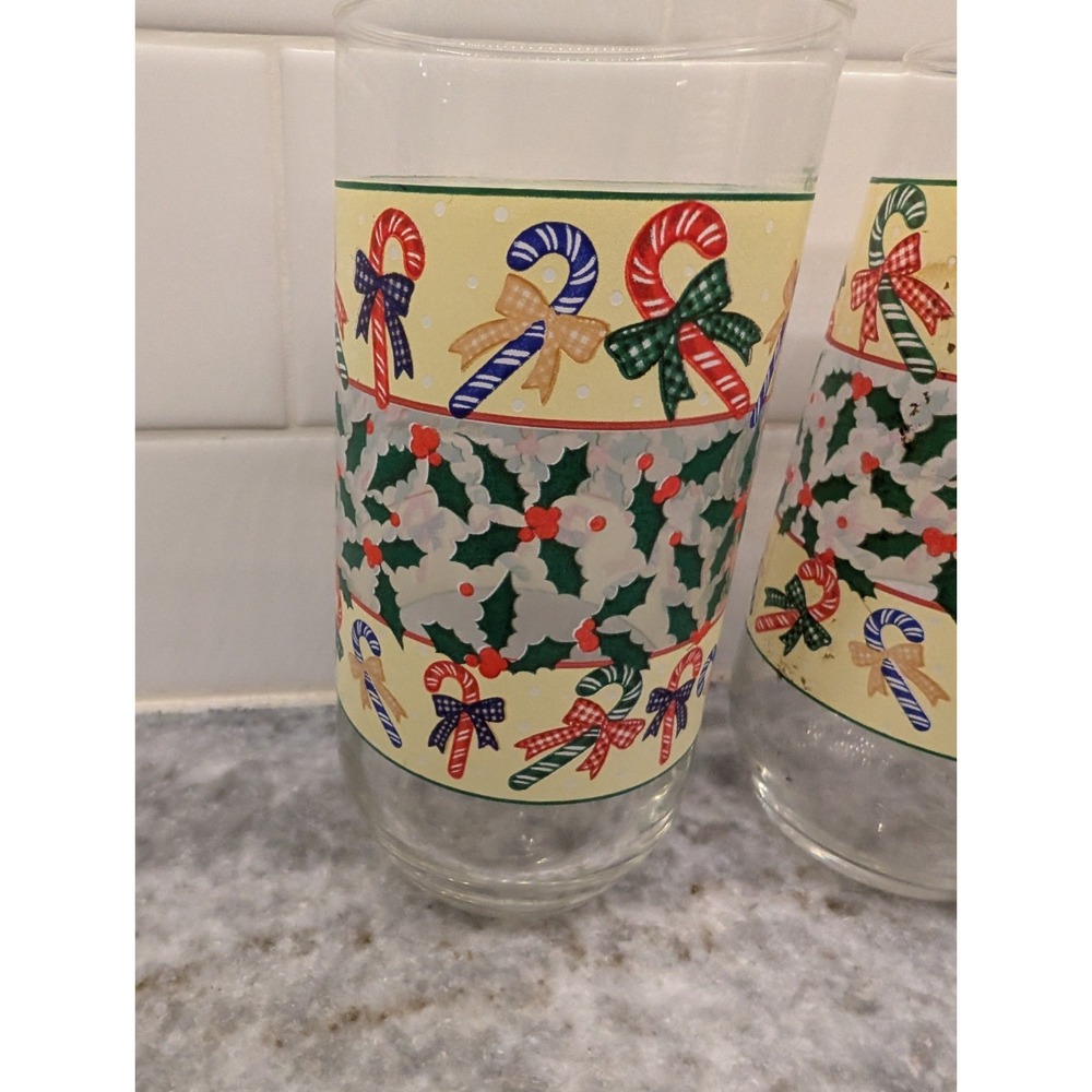 Vintage Candy Canes & Holly Glasses 2 Luminarc Christmas Holiday Glass Tumblers - Picture 2 of 9